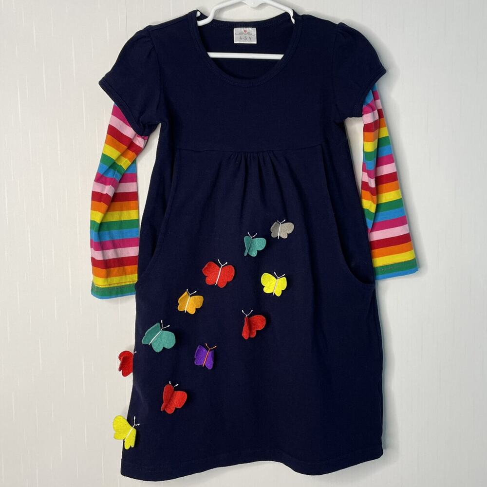 Girls Butterfly Rainbow Long Sleeve Dress Size 4-5Y